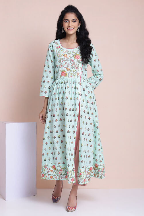 Pink Cotton High Slit Printed Kurta image number 1