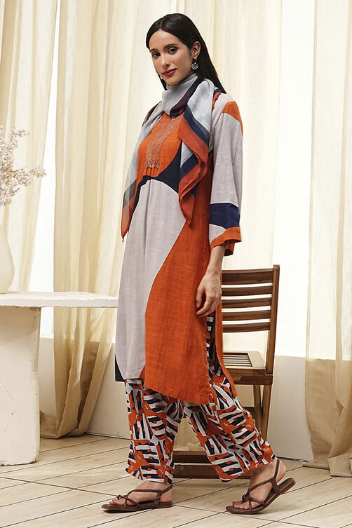 Orange-Beige Viscose Rayon Straight Printed Fusion Set image number 6