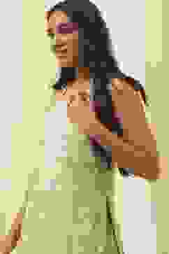 Green Cotton Floral Strappy Straight Suit Set image number 6