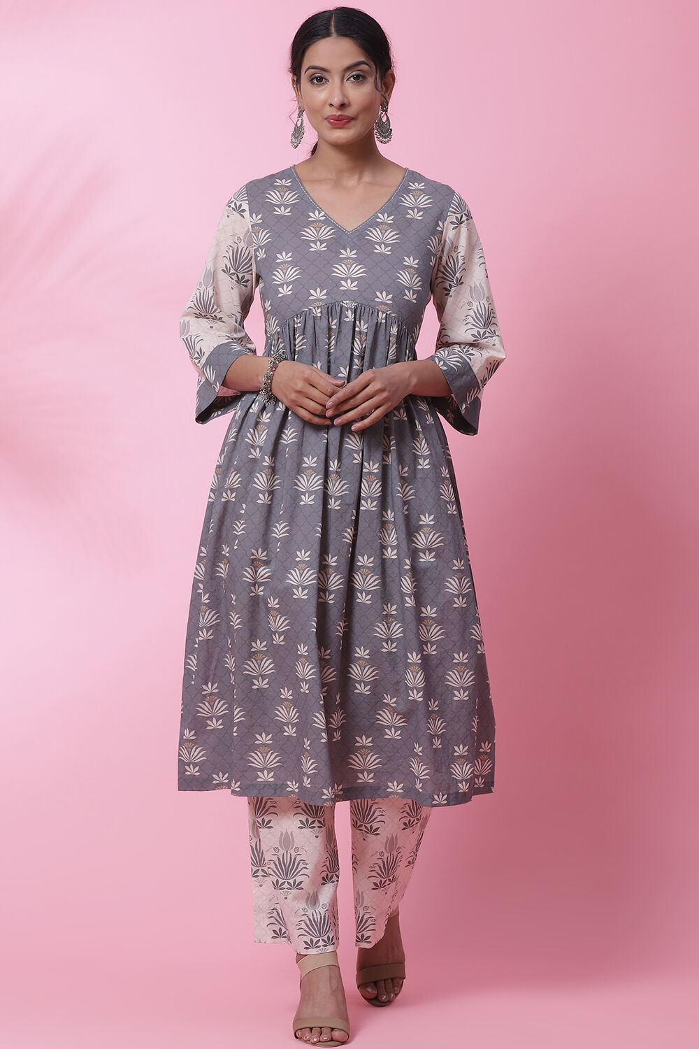 Peach Cotton Flared Kurta Set image number 0