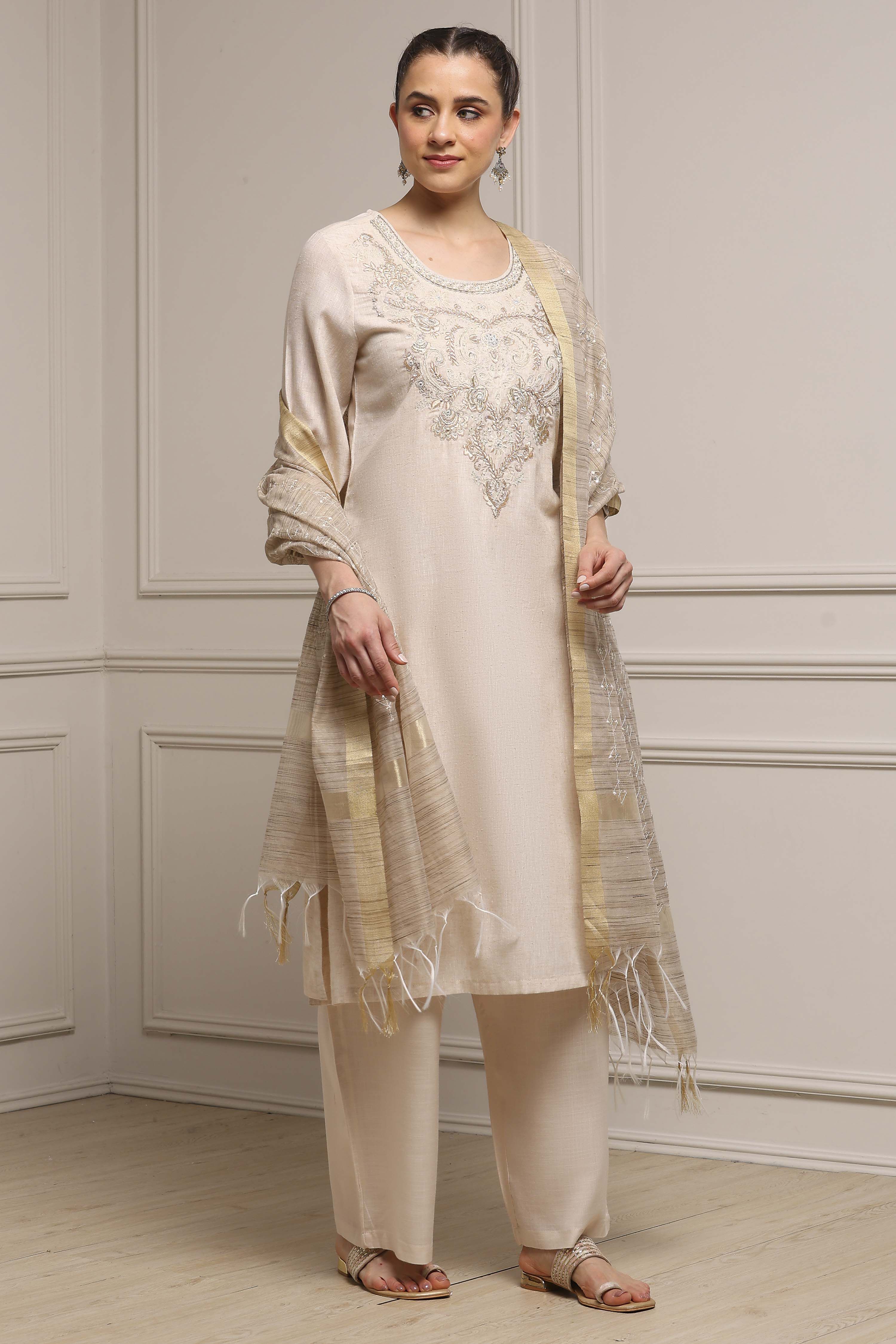 Beige Cotton Linen Yarn-Dyed Embroidered Straight Suit Set image number 5