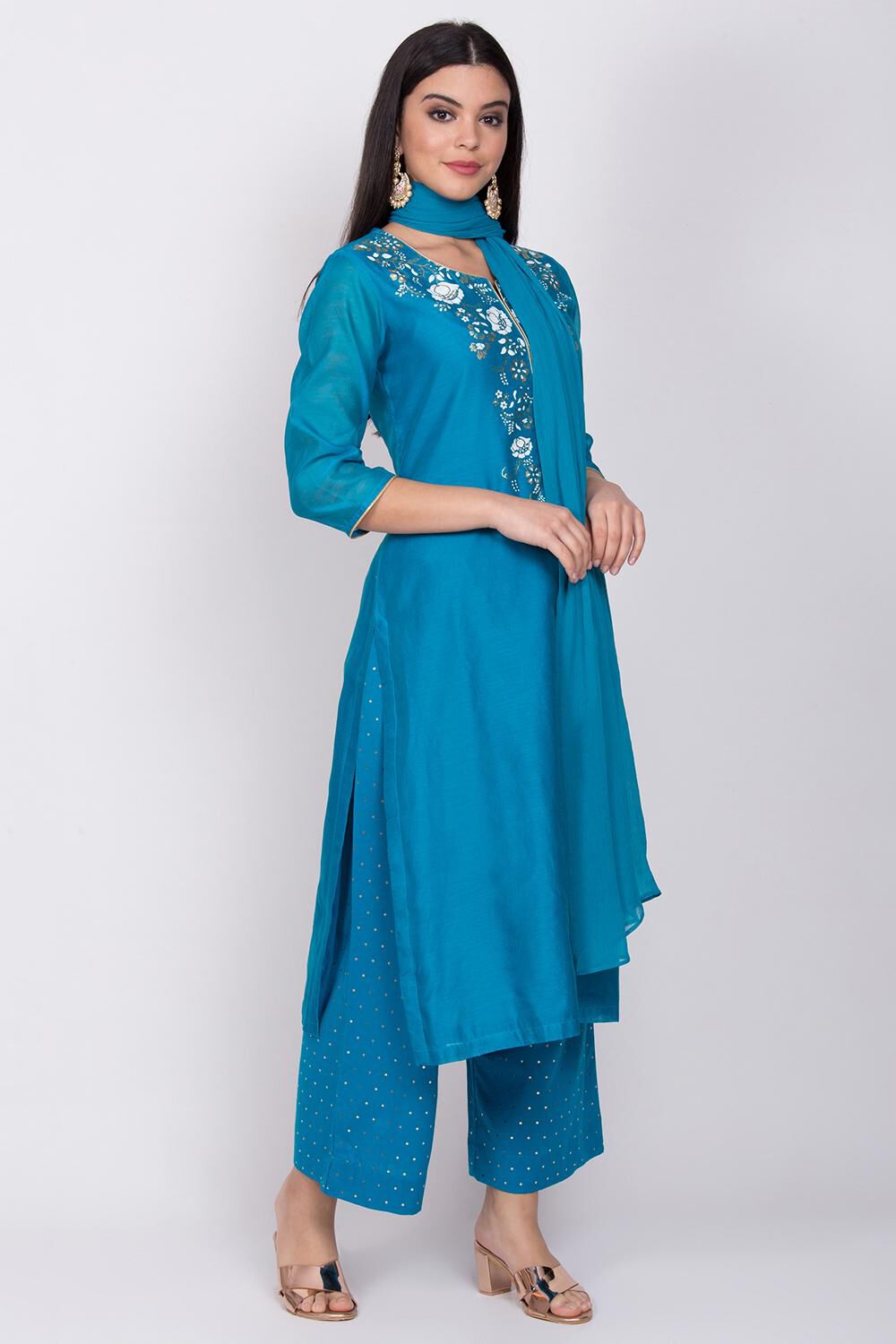 Blue Straight Kurta Palazzo Suit Set image number 5