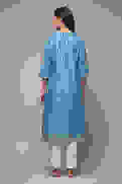 Ink Blue Cotton Straight Printed Kurta image number 2