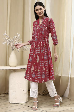 Pink Cotton Printed Straight Kurta image number 2