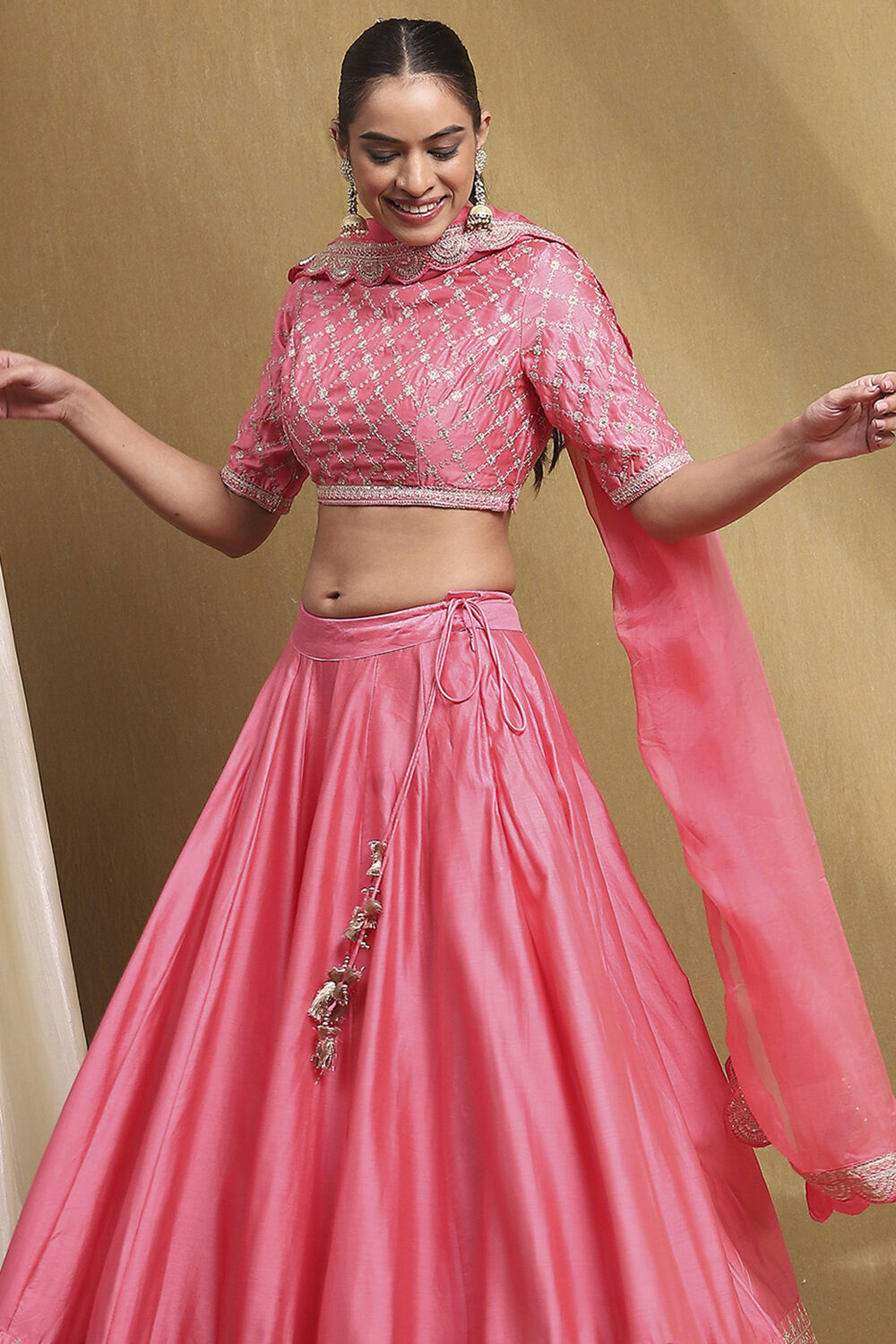 Coral Cotton Blend Embroidered Lehenga Set image number 1