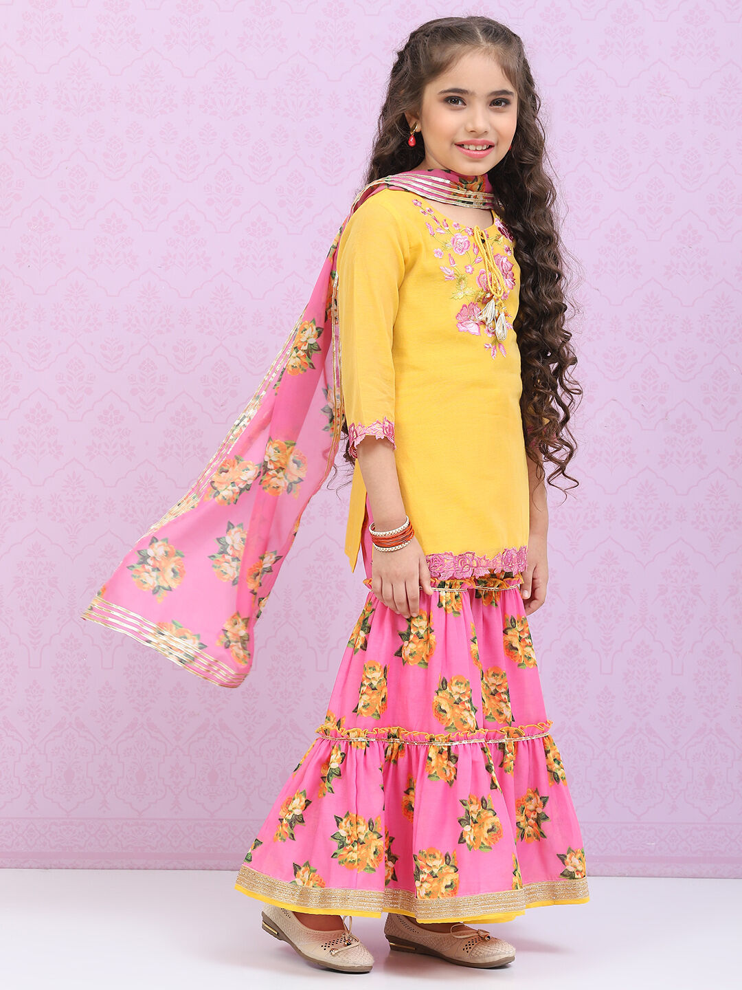 Yellow & Violet Art Silk Straight Kurta Garara Suit Set image number 6