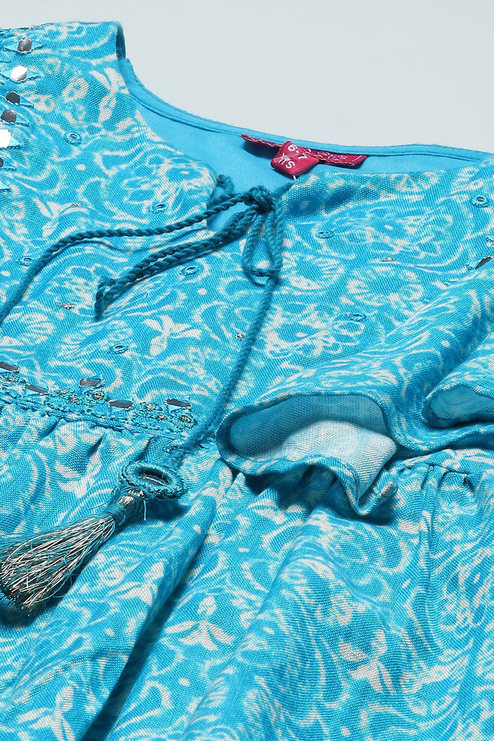 Aqua Printed Rayon Top With Mirror Detail image number 1