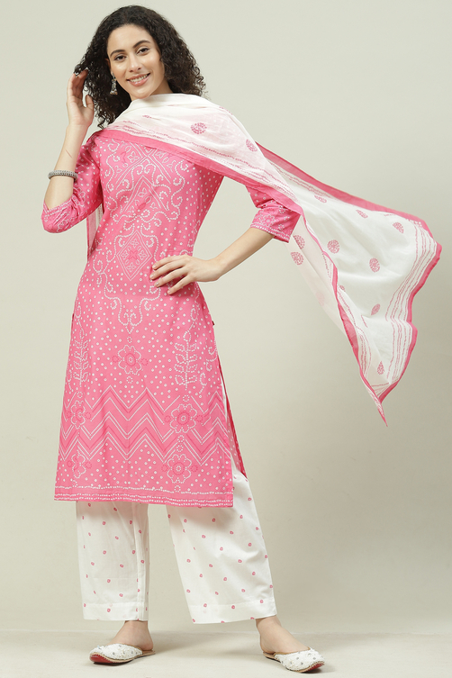 Aqua Blue and White Cotton Straight Suit Set image number 7