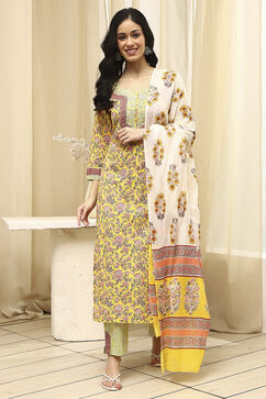 Yellow Cotton Screen Print Unstitched Suit Set image number 7
