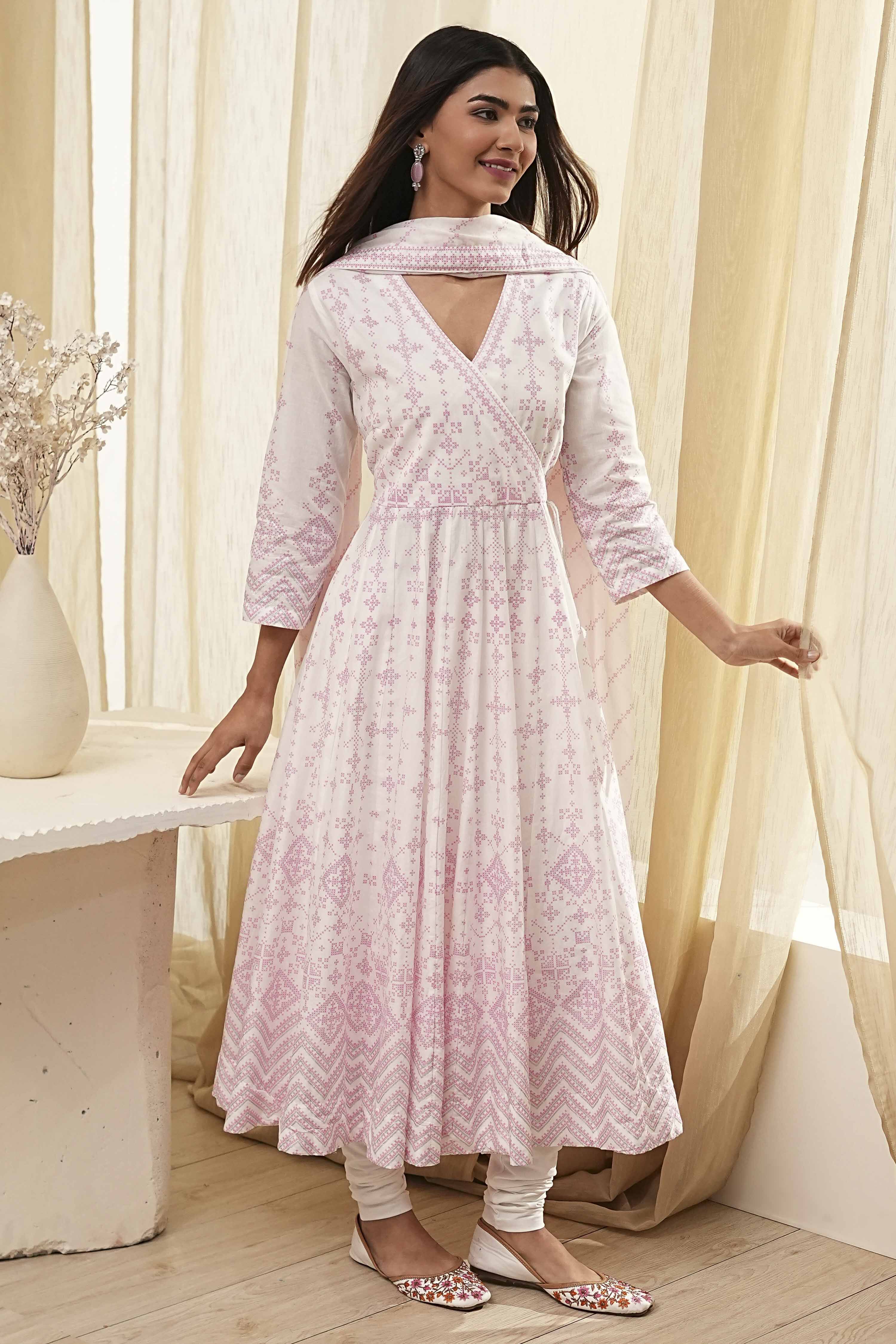 Off-White and Pink Cotton Anarkali Suit Set image number 0
