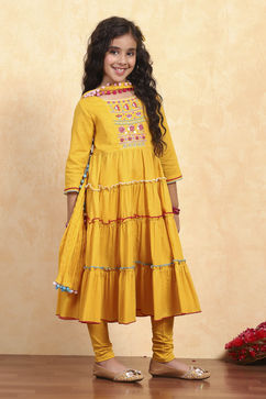 Yellow Cotton Tiered Solid Suit Set image number 5