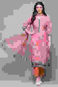 Pink Cotton Blend Floral Digital Print Unstitched Suit Set image number 1