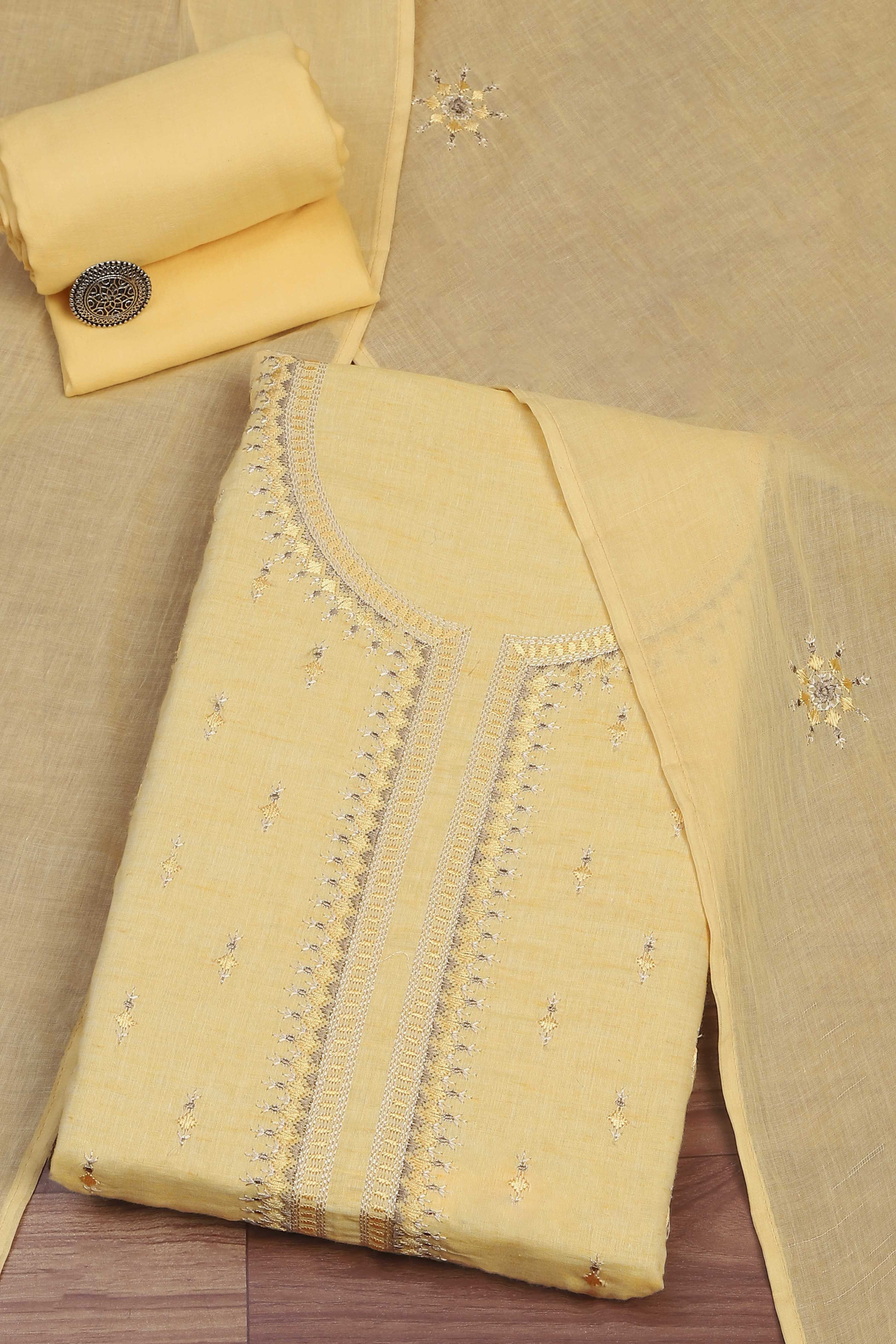 Yellow Cotton Unstitched Suit Set image number 0