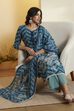 Teal Floral Printed Poly Linen Kurta Set