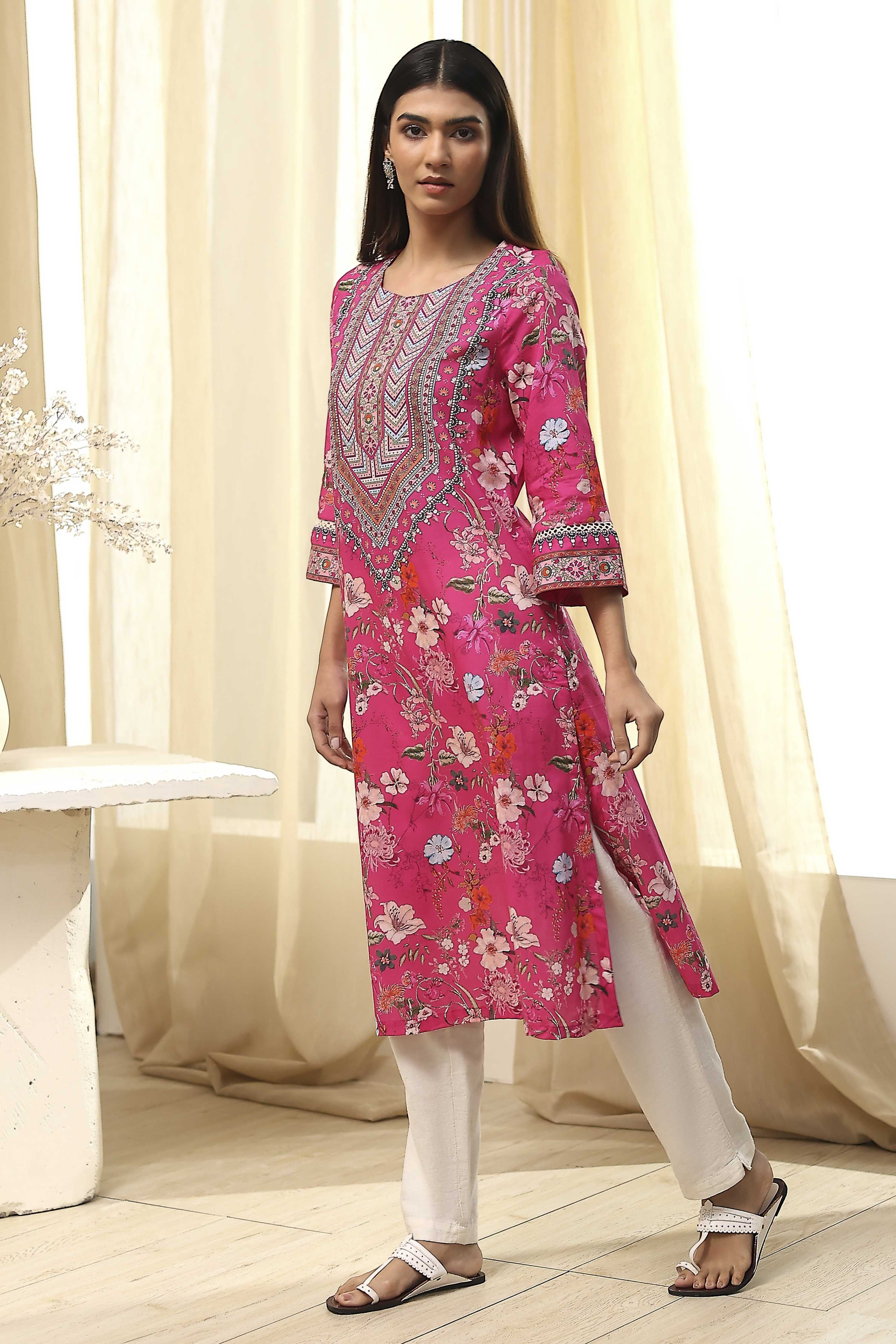 Pink Pure Cotton Floral Straight Kurta image number 2