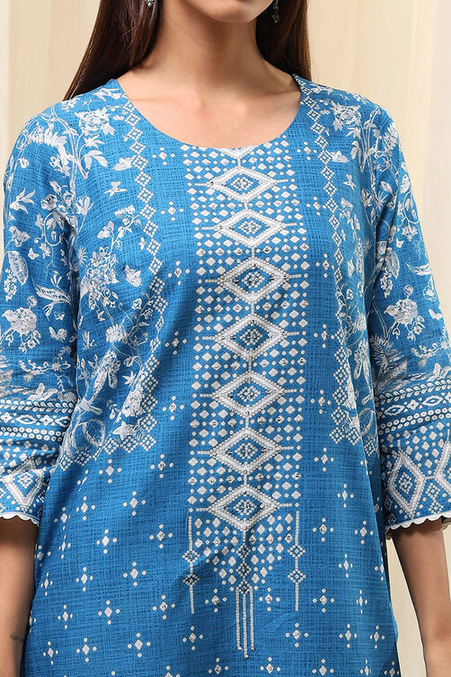 Blue Cotton Printed Straight Kurta image number 1