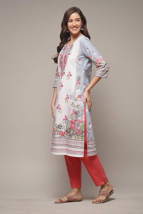 Sky Blue LIVA Straight Printed Kurta image number 3