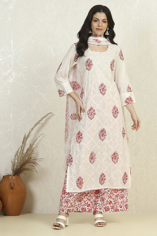 White Pink Cotton Hand Block Print Unstitched Suit Set image number 1