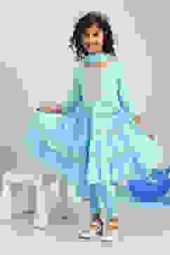 Blue Cotton Tiered Kurta Churidar Suit Set image number 6