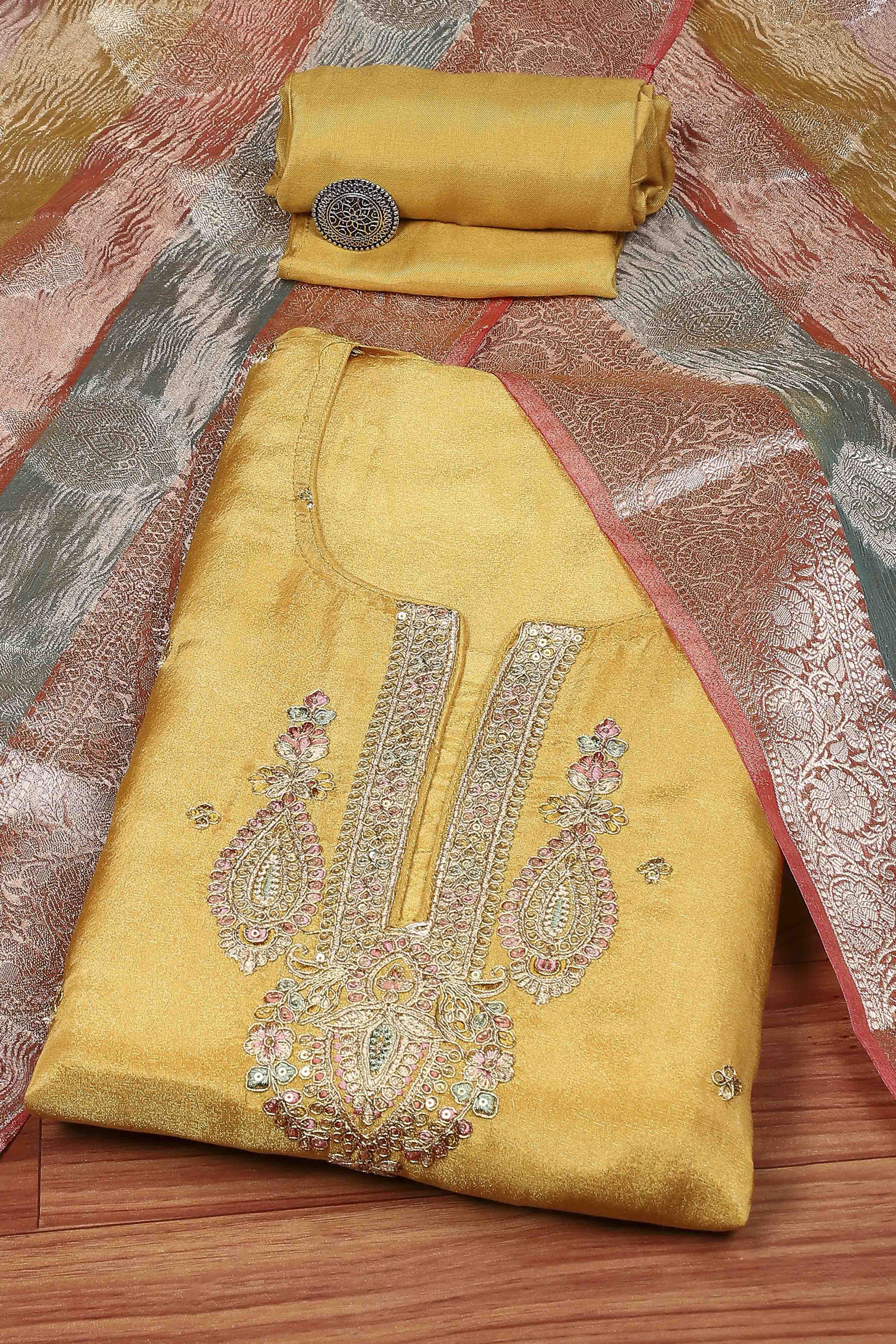 Mustard Silk Blend Machine Embroidered Unstitched Suit Set image number 0