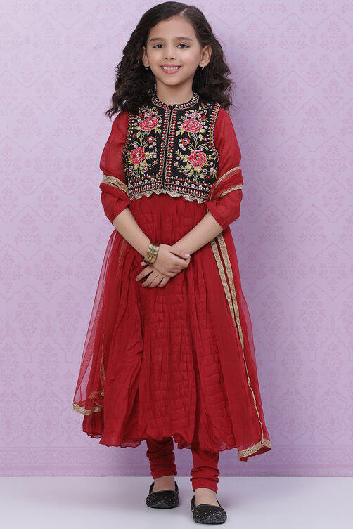 Red Art Silk Girls Flared Kurta Churidar Suit Set image number 8