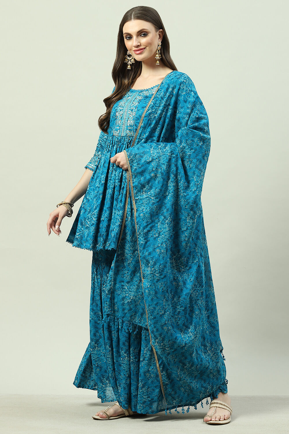 Teal Blue Cotton Anarkali Kurta Garara Suit Set image number 2