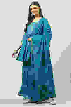 Teal Blue Cotton Anarkali Kurta Garara Suit Set image number 2