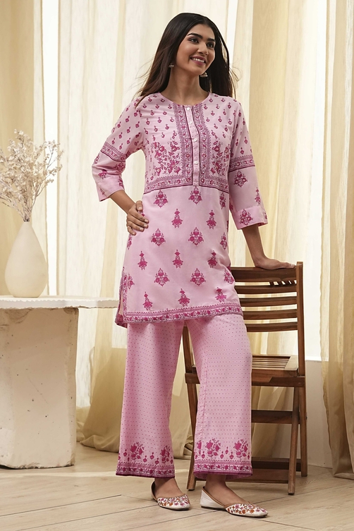 Light Pink Cotton Floral Straight Kurta Set image number 0