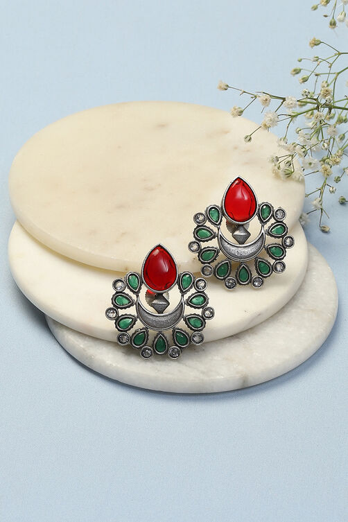 Oxidised Red & Green Brass Earrings image number 0