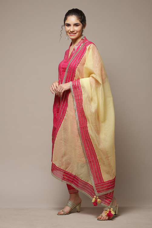 Fuchsia Cotton Straight Kurta Pants Suit Set image number 3