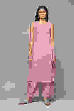 Light Mauve Cotton Blend Straight Kurta Palazzo Suit Set image number 1