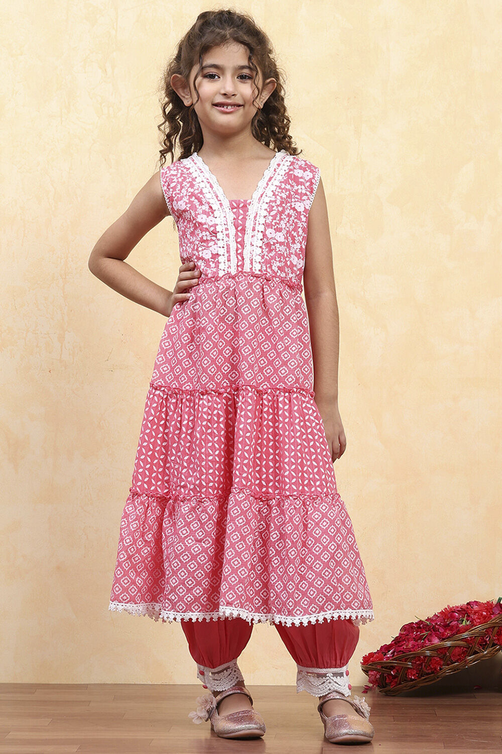 Dark Blue Cotton Tiered Printed Kurta Salwar Set image number 6