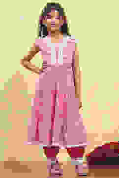 Pink Cotton Tiered Printed Kurta Salwar Set image number 6