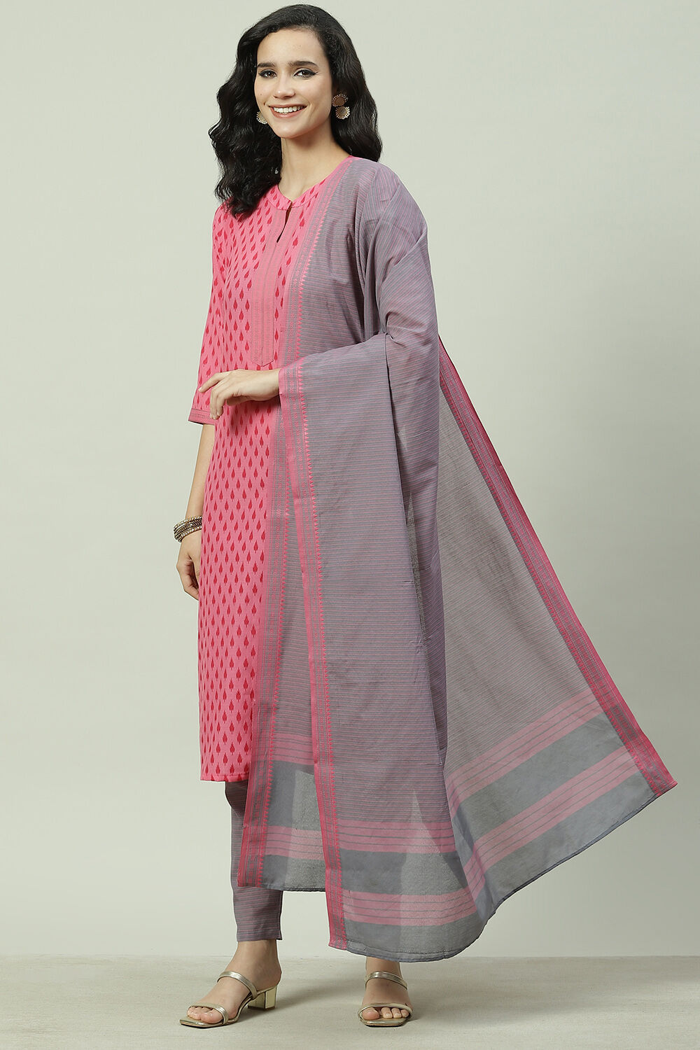 Pink Cotton Screen Print Unstitched Suit Set image number 5