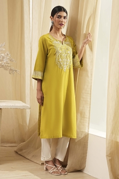 Green Pure Cotton Embroidered Straight Kurta