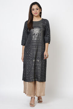 Black Viscose Straight Printed Kurta image number 3