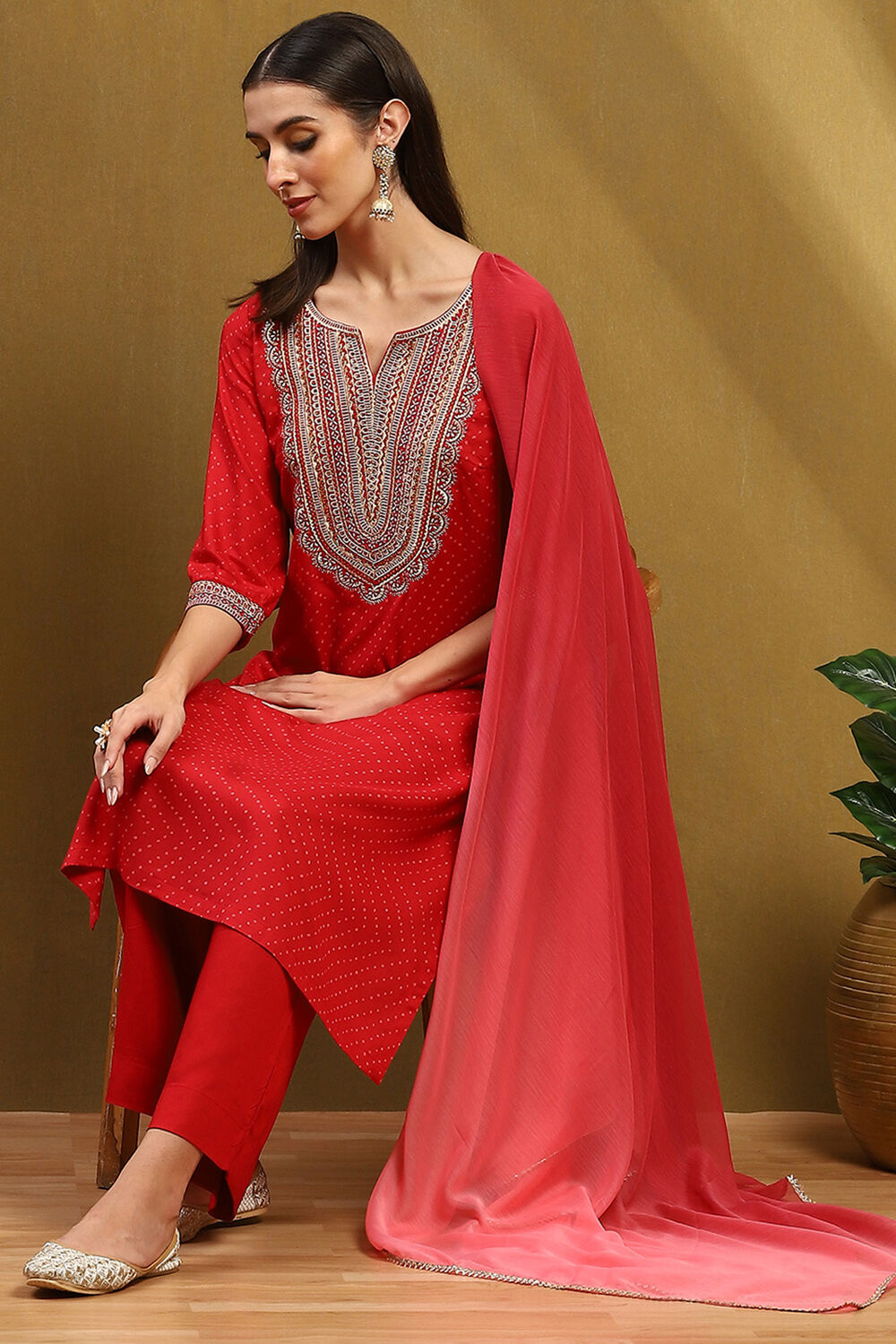 Cherry Red Bandhani Printed Straight Suit Set image number 0