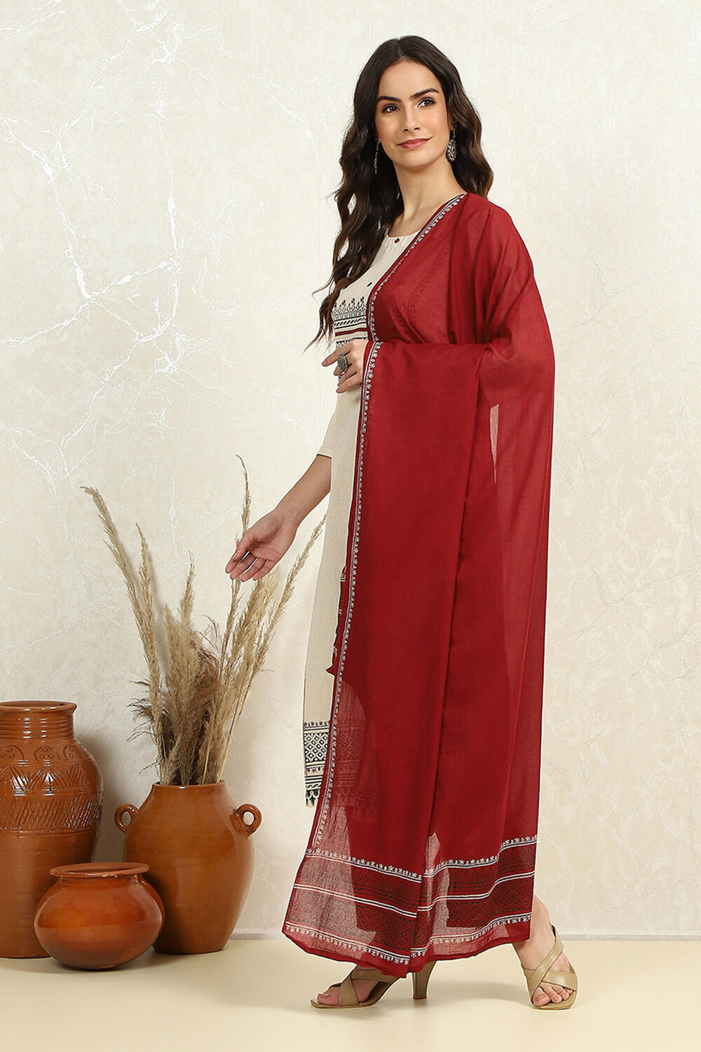 Off-White and Red Cotton Printed Unstitched Suit Set image number 4