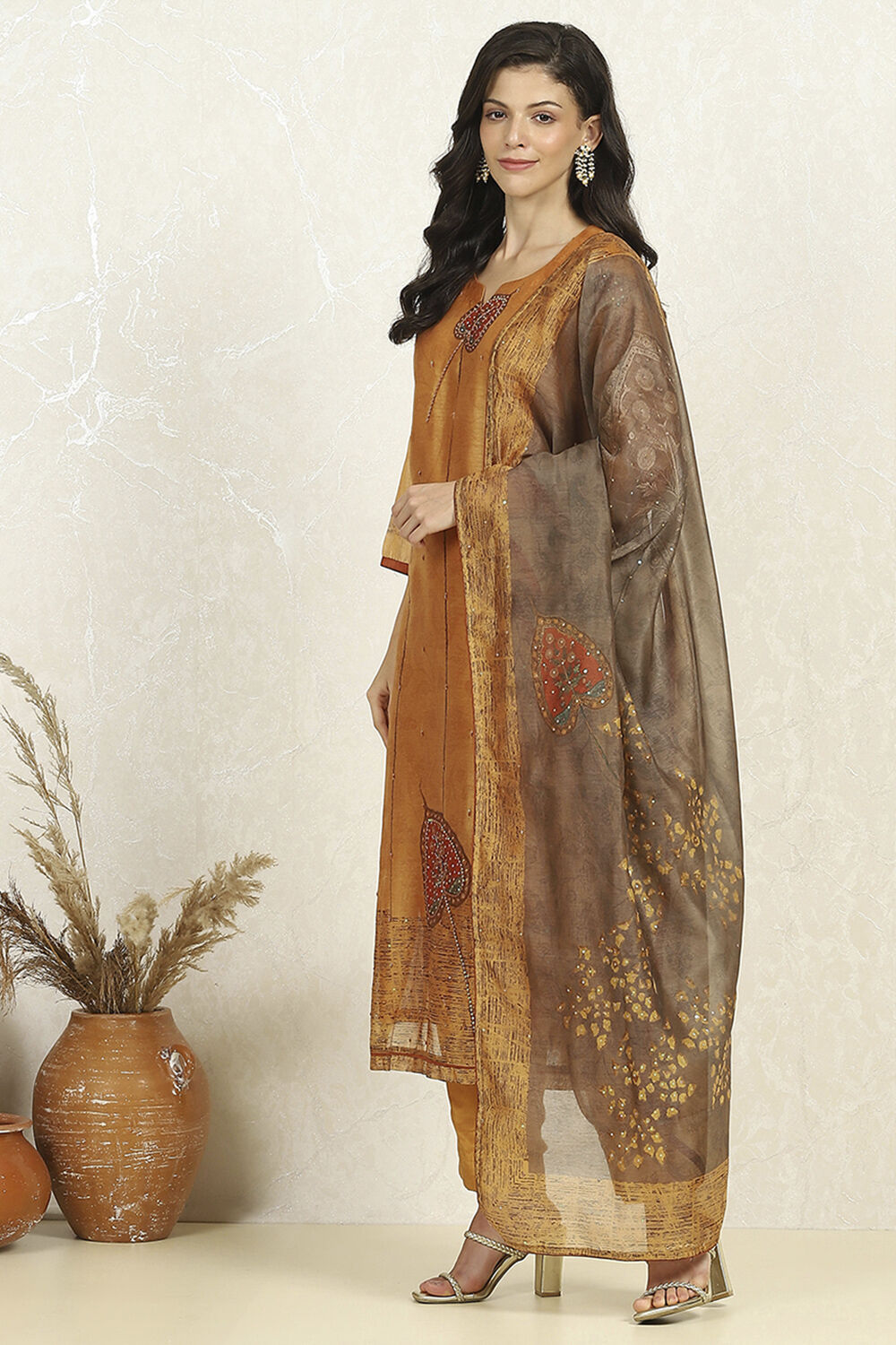 Rust Chanderi Unstitched Suit Set image number 4