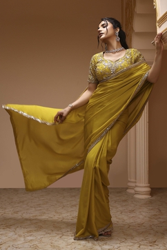 Lime Yellow Poly Chinnon Embroidered Pre-Draped Saree image number 5