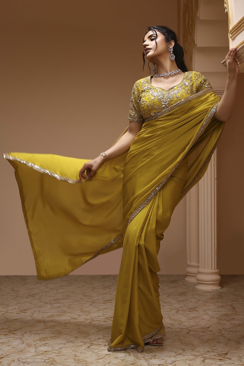 Lime Yellow Poly Chinnon Embroidered Pre-Draped Saree image number 5