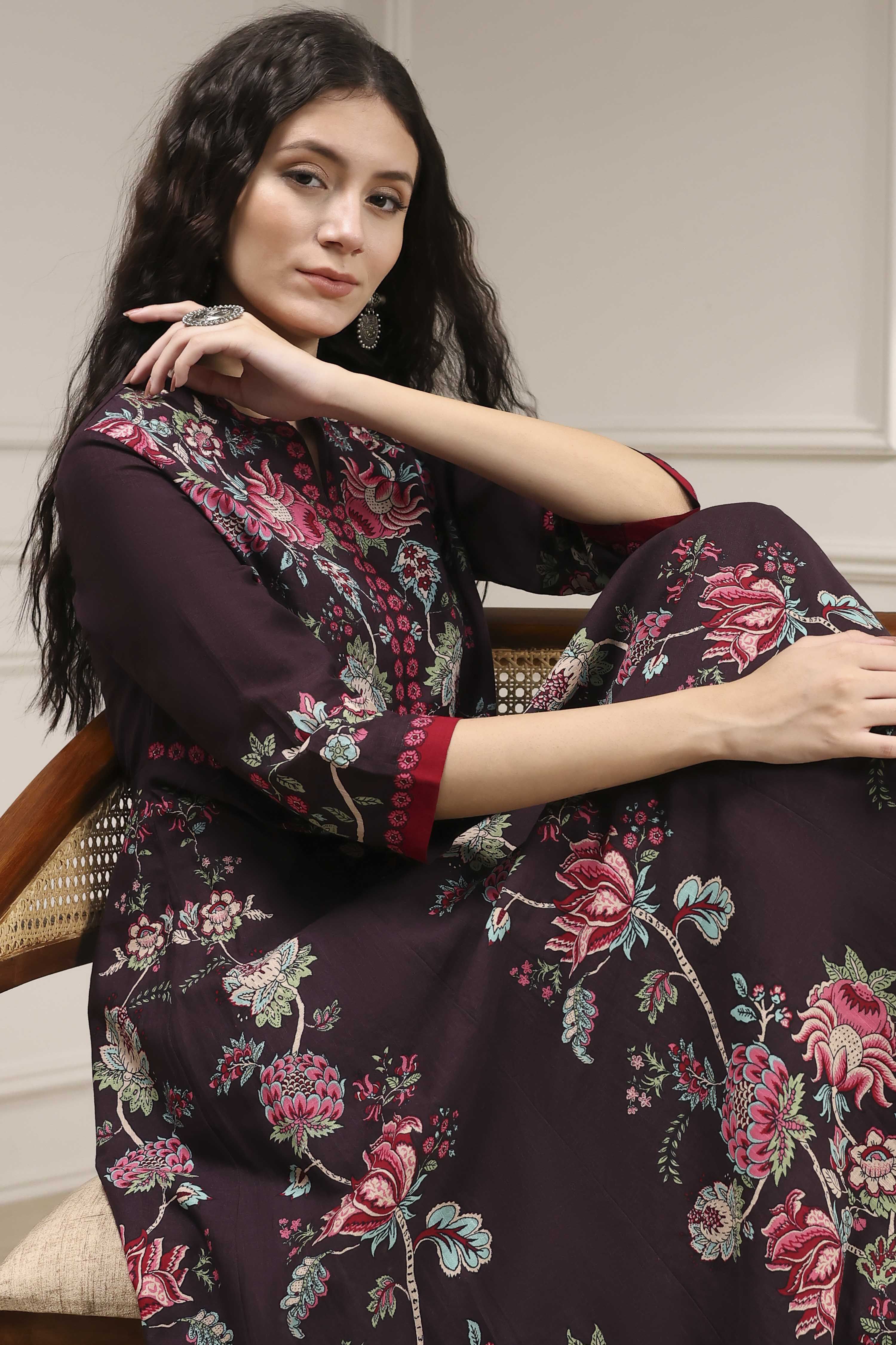 Blue Cotton Printed Anarkali Suit Set image number 0