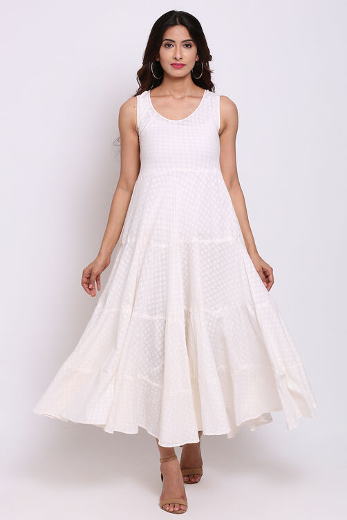 Cream Cotton Front Open Fusion Wear Dress image number 4
