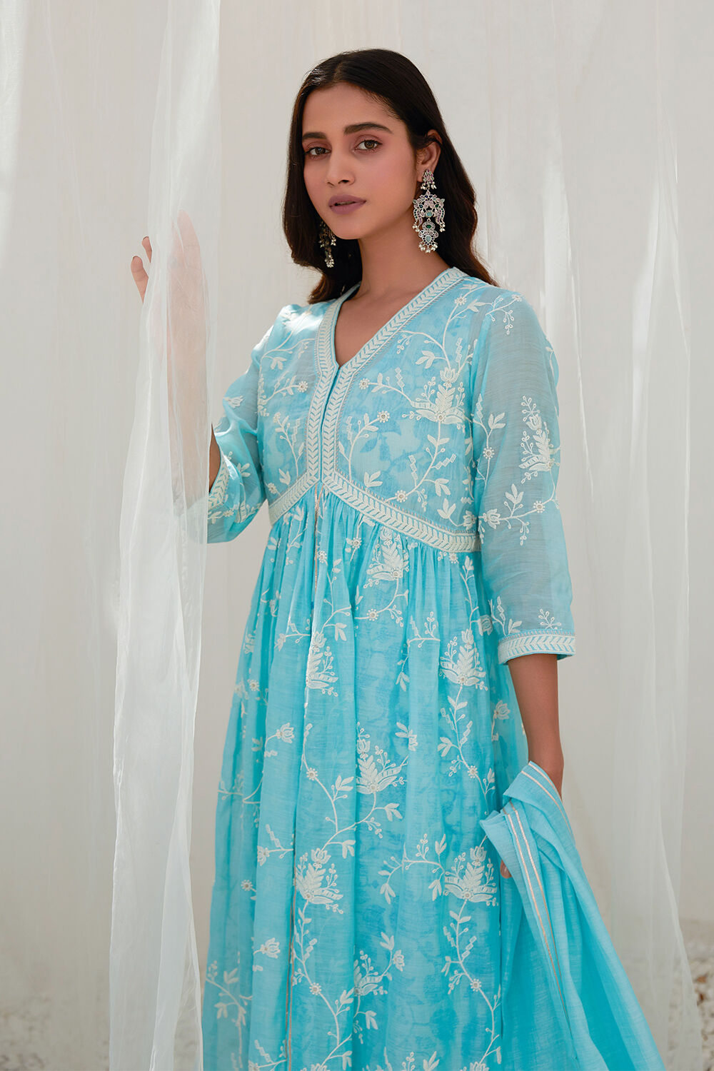Aqua Cotton Gathered Kurta & Palazzo Suit Set image number 0