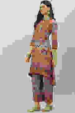 Beige Art Silk Asymmetric Co-ord Set Kurta Palazzo Suit Set image number 3