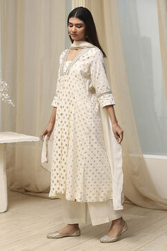 Off-White Cotton Printed Gathered Suit Set image number 3