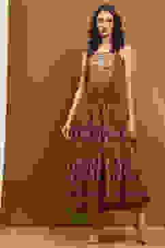 Beige Georgette Block Printed Strappy Flared Tiered Dress image number 5