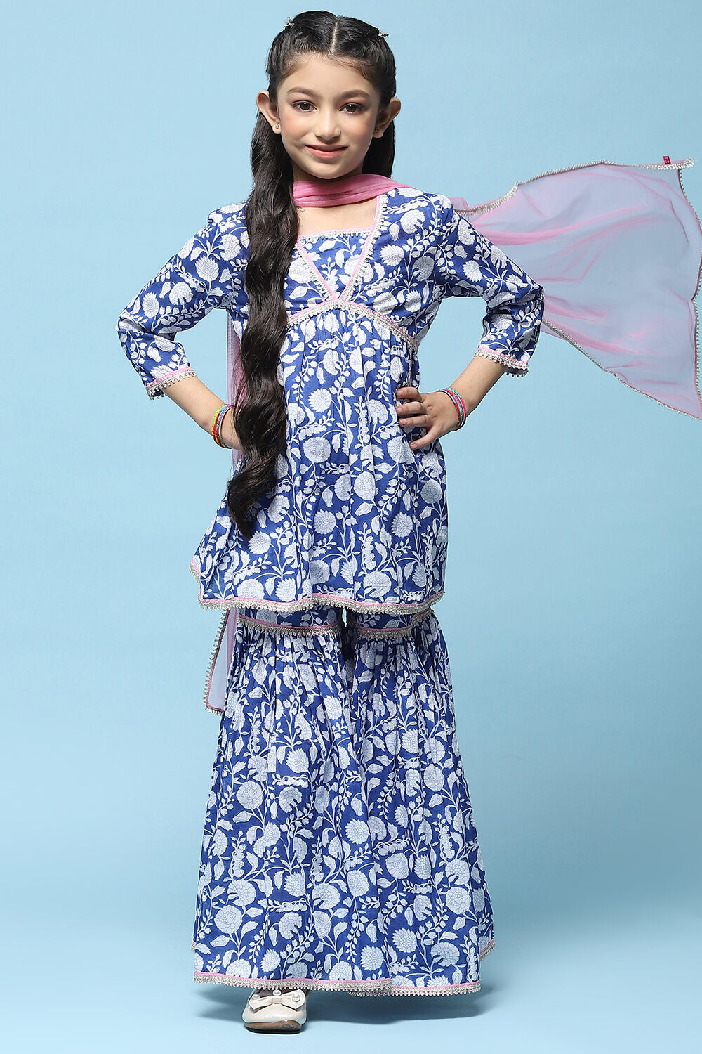 Blue Printed Cotton Peplum Kurta & Garara With Net Dupatta image number 7