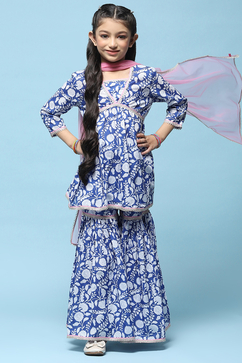 Blue Printed Cotton Peplum Kurta & Garara With Net Dupatta image number 7