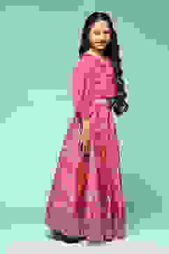 Pink Polyester Flared Printed Lehenga Set image number 5
